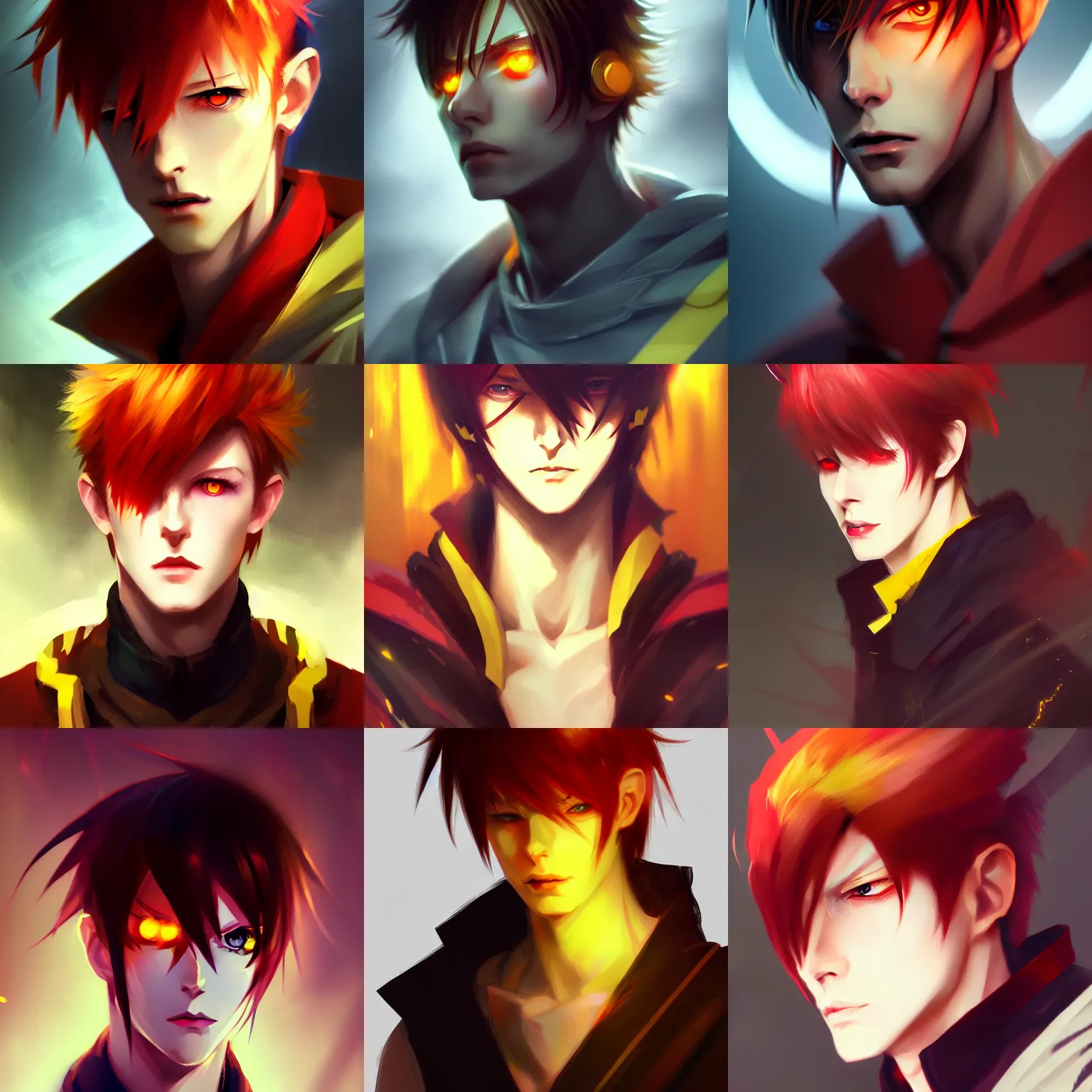 Prompt: portrait of anime male 2 0 years old bowie male evil sharp features yellow iris, very narrow yellow glowing eyes red red soft tousled crimson hair smirk anime hunterpedia pixiv fanbox concept art, matte, sharp focus, illustration, cinematic lighting art by wlop ruan jia