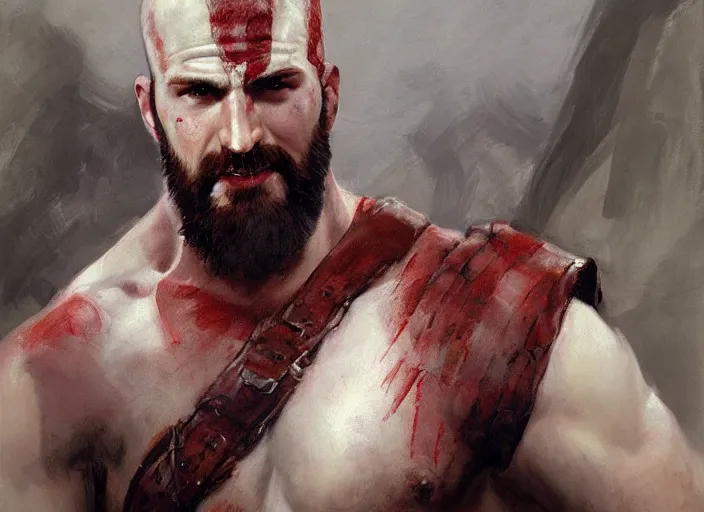 Image similar to a highly detailed beautiful portrait of chris evans as kratos, by gregory manchess, james gurney, james jean