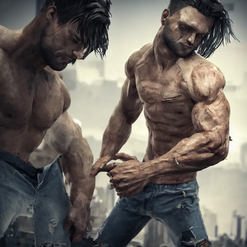 Image similar to a muscular man wearing torn clothes, looking to the right, profile picture, hyperrealistic, concept art, octane render, unreal engine 5, trending on artstation, high quality, highly detailed, 8 k, dramatic lighting, cinematic, high coherence, anatomically correct, five fingers, digital art, seductive