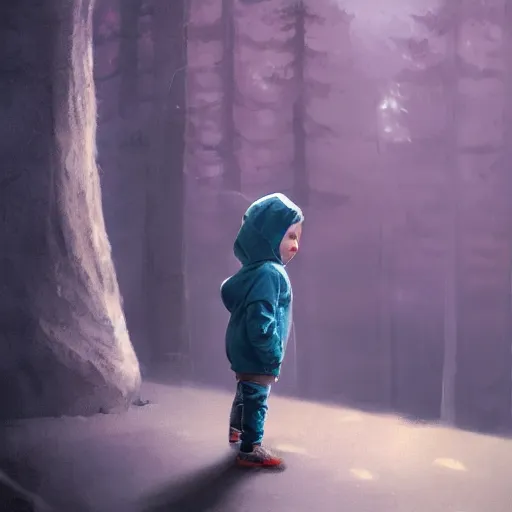 Prompt: a cute little boy wearing hoodie and waiting for his friends, full body, magical world, by greg rutkowski, sung choi, photo realistic, 8 k, cinematic lighting, hd, atmospheric, hyperdetailed, trending on artstation, devainart, digital painting, glow effect