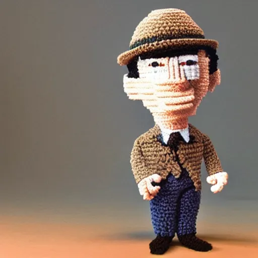 Image similar to buster keaton made of yarn, crocheted caricature of buster keaton, photorealistic, soft, cute, trending on artstation