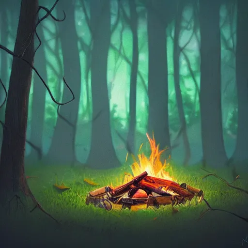 Image similar to beautiful close up, zoom up campfire in the woods at night, warmth, green screen, ( ( people ) ), ( ( person ) ), stylized, artgerm, artstation, hd, cgsociety, cgi, realistic, dramatic, cinematic, artistic, trending, detailed