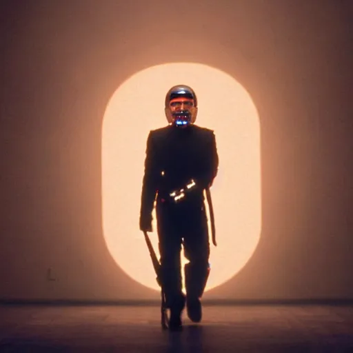 Image similar to movie still of a man with a glowing cyborg helmet, cinematic composition, cinematic light, by edgar wright and david lynch