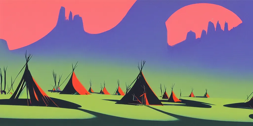 Prompt: sioux camp, gouache, animated film, stylised, illustration, by eyvind earle, scott wills, genndy tartakovski, syd mead