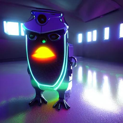 Prompt: a cybertronic duck, metallic, glowing eyes, neon unreal engine