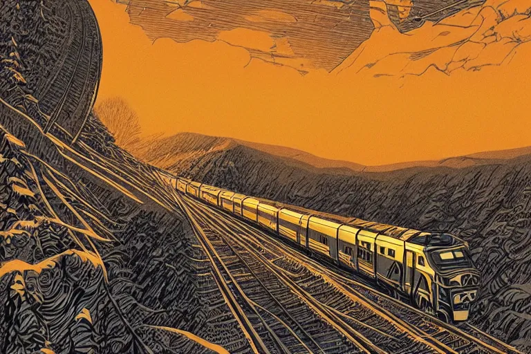 Image similar to trans - siberian express train ultrafine drawing by joe fenton and syd mead and p. craig russell and barry windsor - smith, artstation, 4 k, graphic novel, concept art, matte painting, beautiful russian winter landscape sunset background, golden hour, art nouveau, sharp