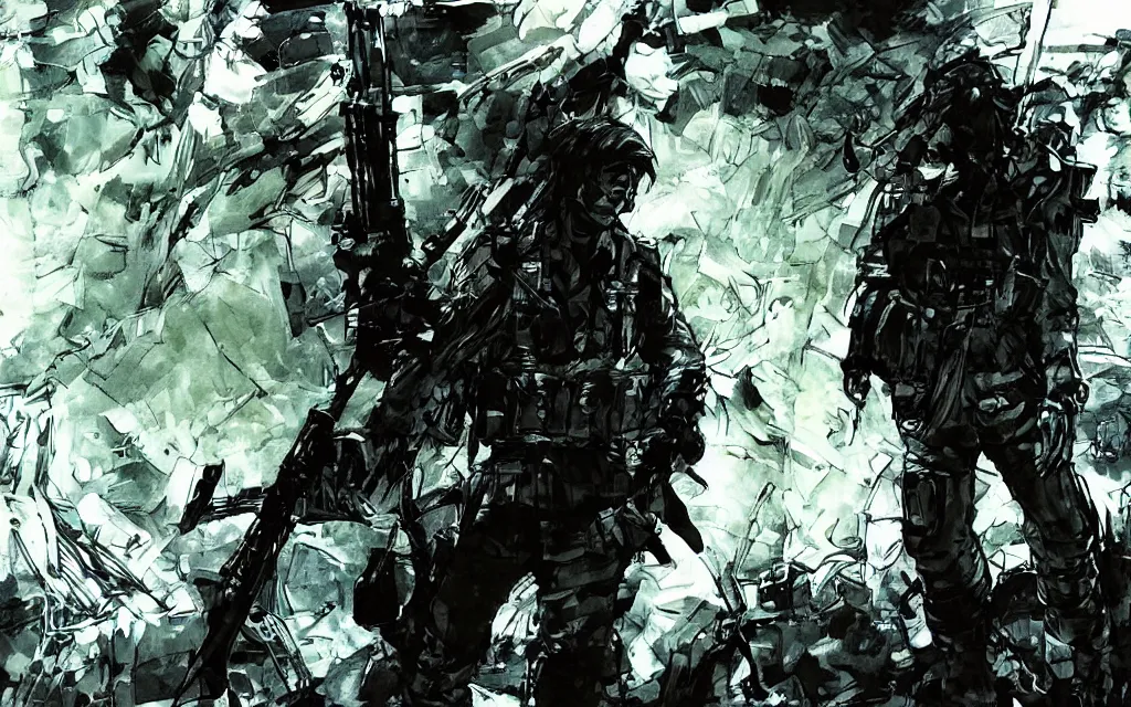 Image similar to A soldier in the woods, artwork by Yoji Shinkawa style