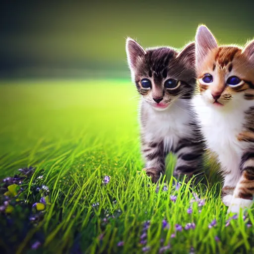 Image similar to photorealistic potrait of two kittens playing in a field of catnip, wide angle lens, bokeh filter, hyperrealism