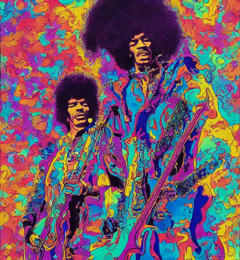 Image similar to jimi hendrix full body, colourful afrofuturist biomorphic scifi opart in background, by moebius, 8 k