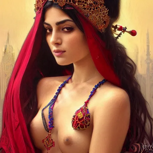 Prompt: Beautiful portrait of a Persian Princess who is an architect, beautiful princess, face painting, beautiful body, attractive, babe, dramatic lighting, intricate, wild, highly detailed, digital painting, artstation, concept art, smooth, sharp focus, illustration, black+velvet+red+Turquoise, dark, art by artgerm and greg rutkowski and alphonse mucha, footage from space camera