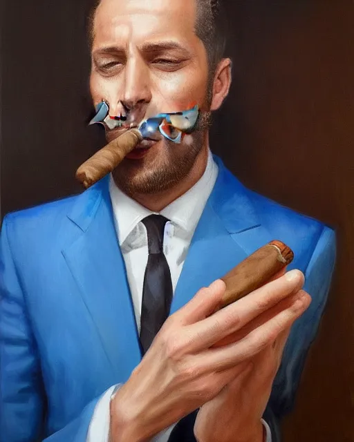 Image similar to Hyper realistic oil portrait of a man in his thirties smoking a cigar, dressed in a blue suit, by Mosh Art, trending on artstation