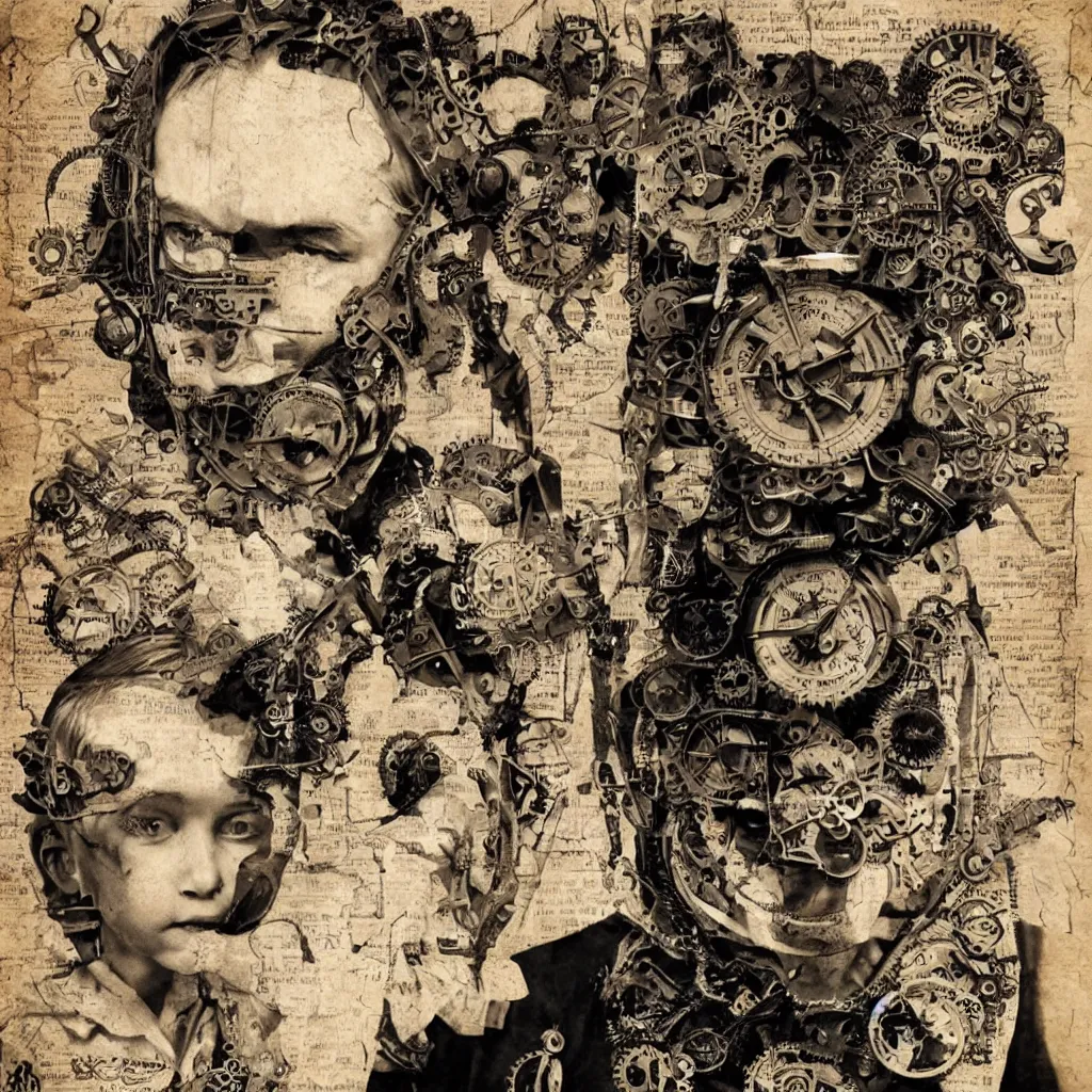 Image similar to steampunk boy with a super detailed and intricate mask, collage