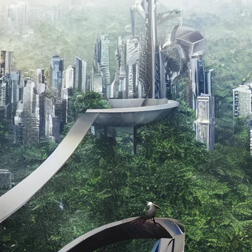 Image similar to extreme wide shot a flock of bird sitting on top of futuristic containment building in a rainforest valley with a city in the distance, national geographic, hyper realistic, 4 k, warm light, the will to endure, artstation