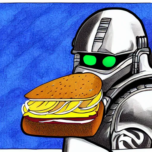 Prompt: digital artwork, cell shading, futuristic space marine in heavy blue armor trying unsuccessfully to eat a large sub sandwich full of meat, cheese, and lettuce