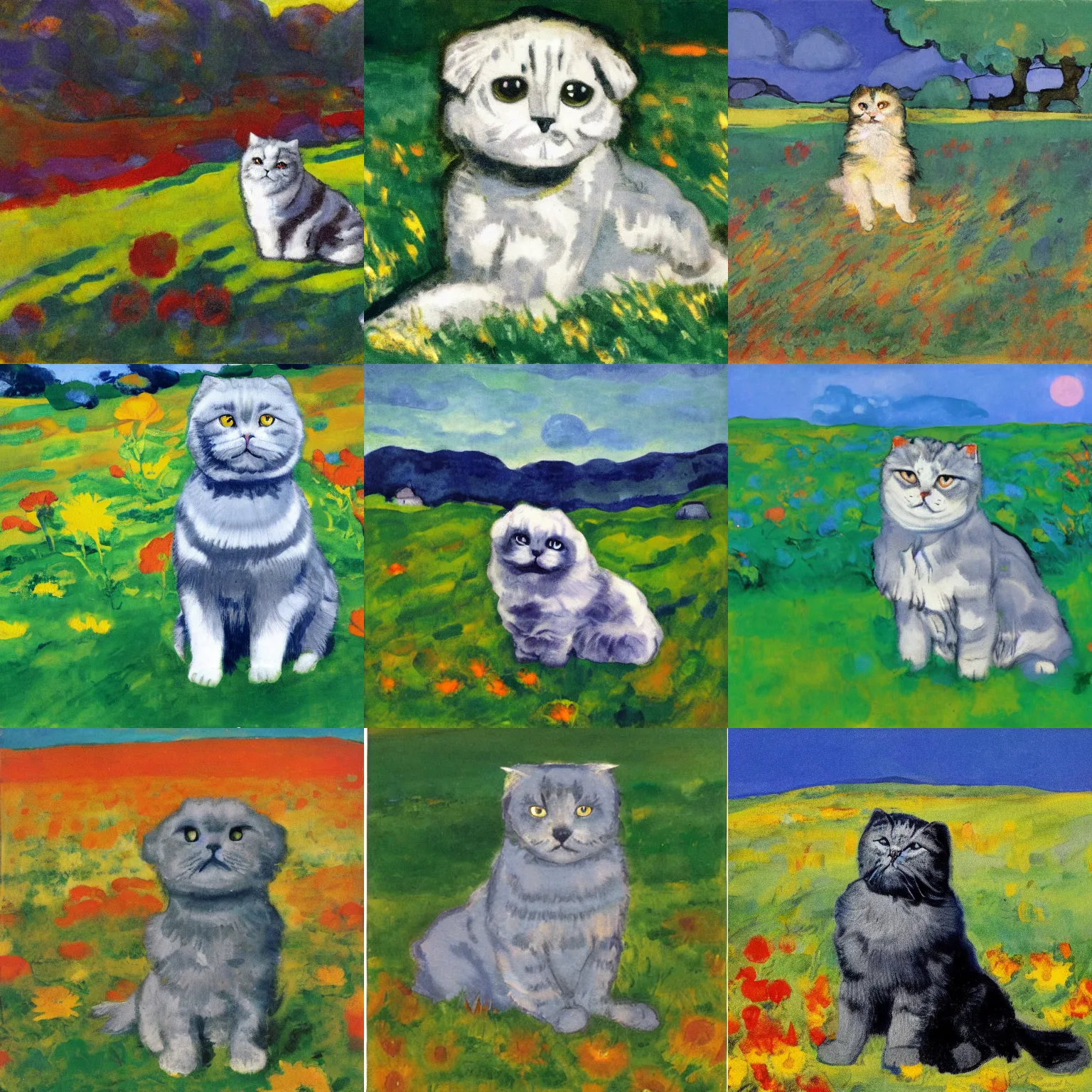 Prompt: a gray scottish fold sitting in the middle of sunny meadow, by emil nolde