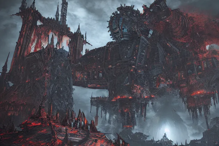 Image similar to monolothic space ship, warhammer 40k, dark souls 3 level, epic scale, gothic scifi