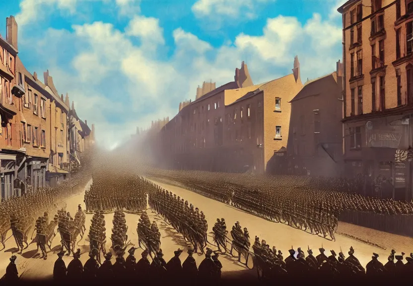 Image similar to a wwi army parade down a town street, first world war, british, blue sky, 2 0 th century, sunny, detailed, volumetric, cinematic lighting, realistic, digital art
