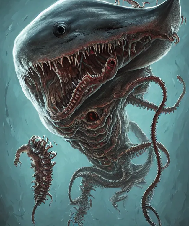 Prompt: hziulquoigmnzhah, head dangling underneath body!!!!, gigantics shark mouth, spherical body, elongated arms, short legs, lovecraftian horror!, surrealism, fantasy, intricate, elegant, highly detailed, digital painting, artstation, concept art, matte, sharp focus, illustration, art by keith thompson and christopher lane