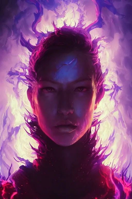 Image similar to a beautiful portrait of a young Demon women engulfed in deep blue and purple flames by Greg Rutkowski, Sung Choi, Mitchell Mohrhauser, Maciej Kuciara, Johnson Ting, Maxim Verehin, Peter Konig, Bloodborne , 8k photorealistic, cinematic lighting, HD, high details, atmospheric , trending on artstation