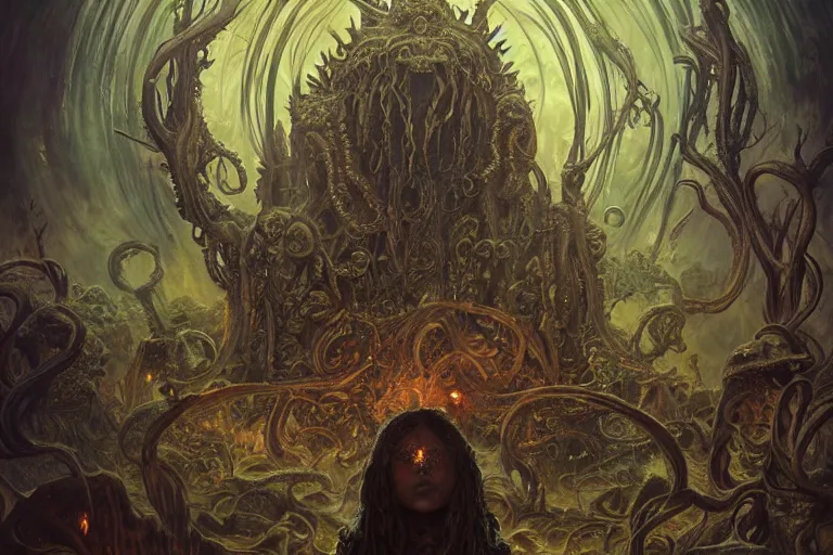 Image similar to a lovecraftian painting of a demonic shrine, occult, moster summoning, warlocks, cosmic horror elements, ultra realistic, concept art, intricate details, eerie, highly detailed, photorealistic, octane render, 8 k, unreal engine. art by artgerm and greg rutkowski and alphonse mucha