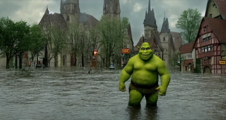 Image similar to Shrek saving a small german town that is being flooded, movie screenshot, dramatic scene