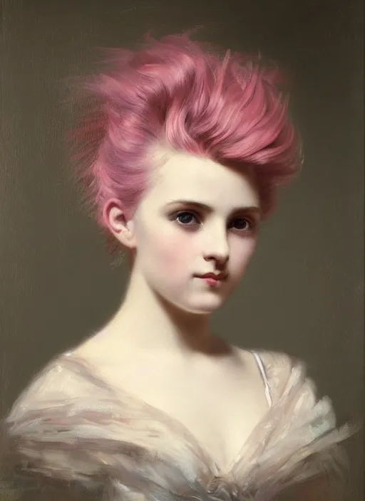 Prompt: a detailed portrait of young girl with a mohawk by edouard bisson, pink hair, punk rock, looking at the camera, oil painting, muted colours, soft lighting