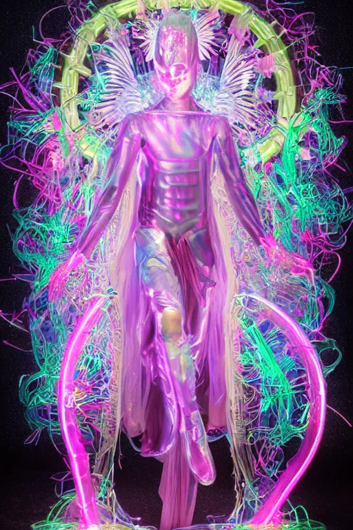 Image similar to full-body rococo and cyberpunk delicate neon crystalline sculpture of (((muscular slender Spanish male))) as an iridescent humanoid deity wearing a thin see-through ((plastic hooded cloak)) sim roupa, reclining con (las piernas abiertas), glowing pink face, crown of (((white lasers))), large diamonds, swirling black silk fabric. futuristic elements. oozing glowing liquid, full-length view. space robots. (((human skulls))). throne made of bones, intricate artwork by caravaggio. Trending on artstation, octane render, cinematic lighting from the right, hyper realism, octane render, 8k, depth of field, 3D