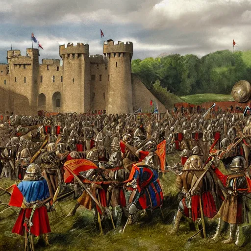 Prompt: a large army camped around a medieval castle, trebuchet and other artillery at the ready, 1200s, English country side, cloudy and rainy, trending on artstation