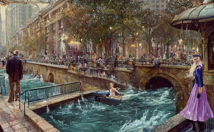 Prompt: An urban train rides inside of a waterway on a fantasy city, next to a fountain and a mystical palace. By Konstantin Razumov, horror scene, highly detailded