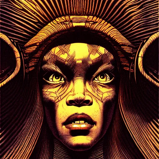 Prompt: portrait soft light, by killian eng and bernie wrightson, inspired by shaka zulu science fiction, fine, sharp high detail, screen print,