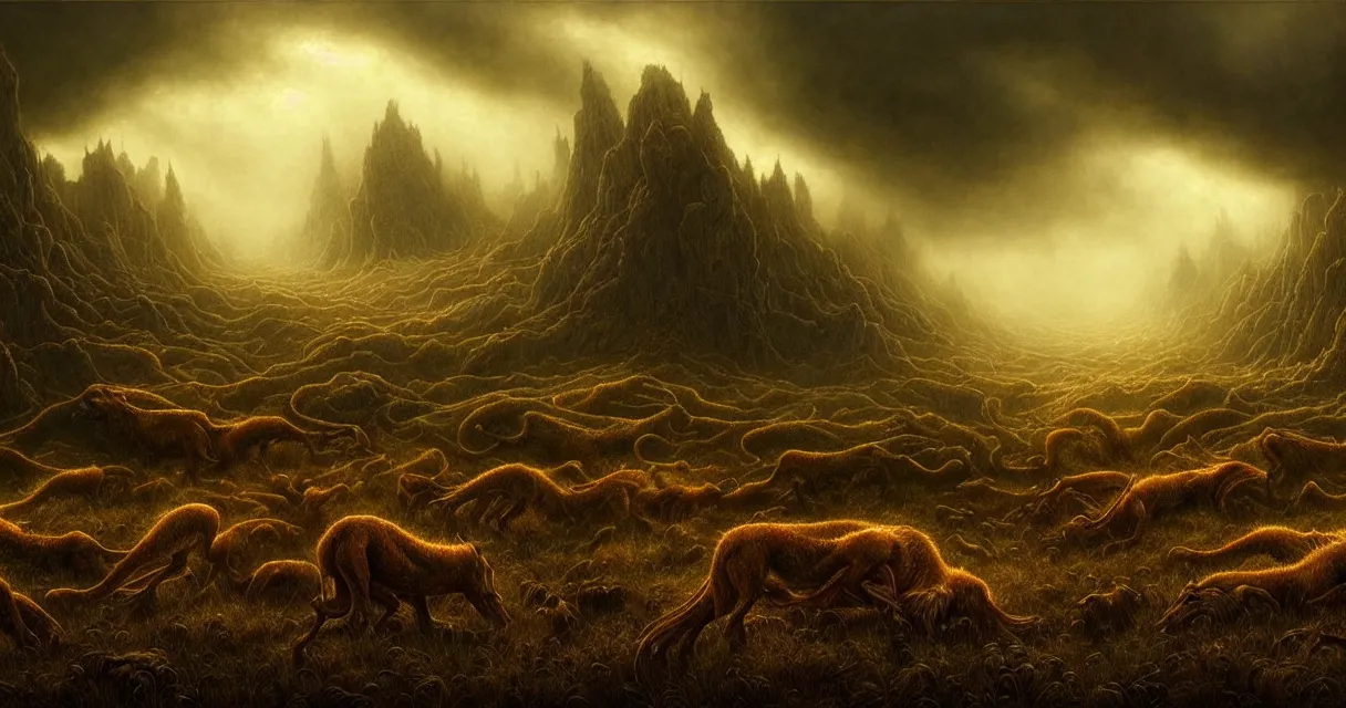 Image similar to epic professional digital art of startling hungry landscape, faint golden moody atmospheric lighting, painted, intricate, detailed, detailed, foreboding, by leesha hannigan, wayne haag, reyna rochin, ignacio fernandez rios, mark ryden, iris van herpen,, epic, stunning, gorgeous, much wow, cinematic, masterpiece.