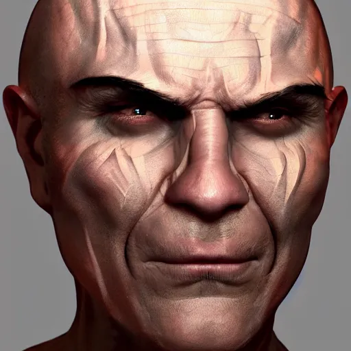 Image similar to portrait of a 5 0 - year - old draconic man with a bold head and shave face with scar on his face, wearing a simple robe, hyper realistic face, beautiful eyes, character art, art by mark brooks, hyperdetailed, cryengine, trending on artstation, digital art