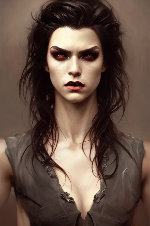 Prompt: photorealistic portrait of a young butch vampire woman, handsome, female, masculine, upper body, fantasy, fierce, sharp features, intricate, elegant, highly detailed, digital painting, artstation, concept art, matte, sharp focus, illustration, art by artgerm and greg rutkowski and alphonse mucha