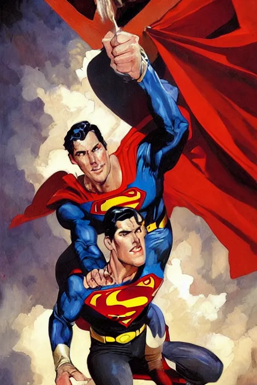 Prompt: superman vs homelander, painting by jc leyendecker!! phil hale!, angular, brush strokes, painterly, vintage, crisp