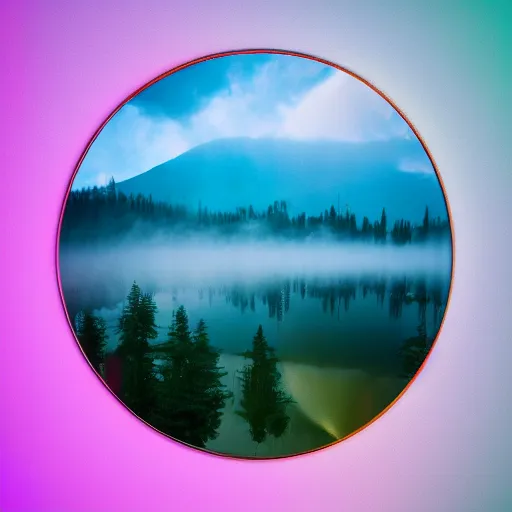 Image similar to rainbow neon sign half circle in water reflected on lake, misty mountains surrounded by beautiful forest, sunny summertime sunlit daylight, hdr, 4 k, award winning photography, volumetric lighting, artstation