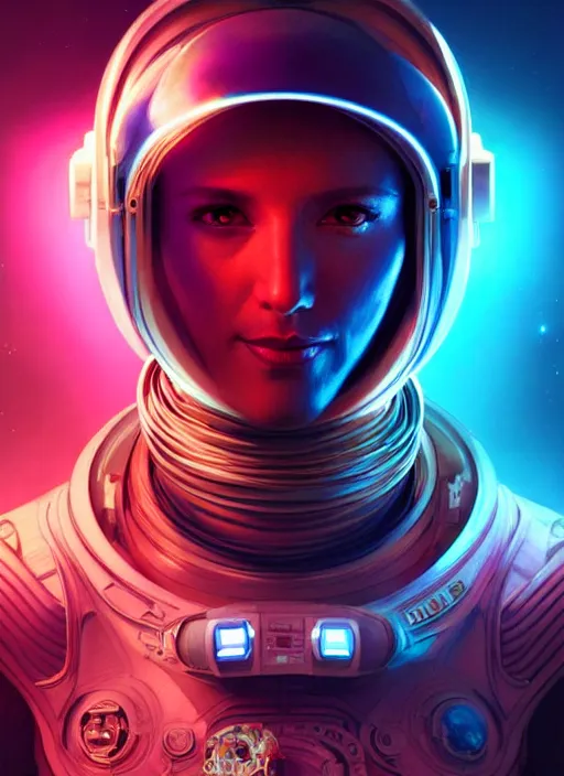 Prompt: full perspective of a futuristic cyber astronaut, sci fi, glowing aura, volumetric lights, red and cyan theme, art nouveau alien botanicals, intricate, highly detailed, digital painting, artstation, concept art, smooth, sharp focus, cinematic, illustration, beautiful face, art by artgerm and greg rutkowski and alphonse mucha