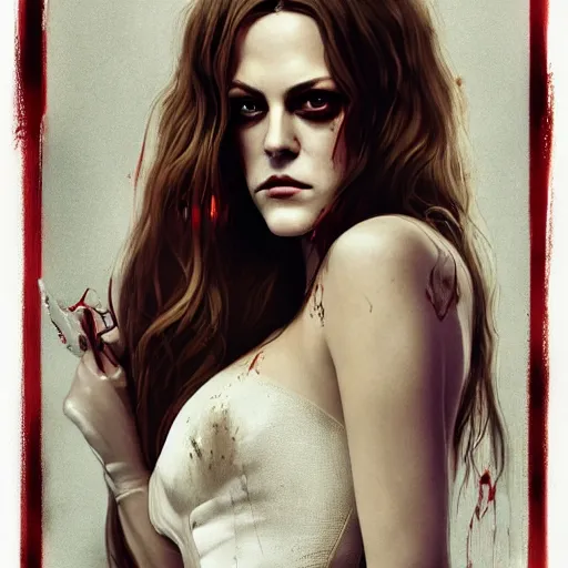 Image similar to portrait of beautiful riley keough as a vampire in bloody business suit, blood red eyes, fantasy, intricate, elegant, highly detailed, by greg rutkowski, cinematic movie poster