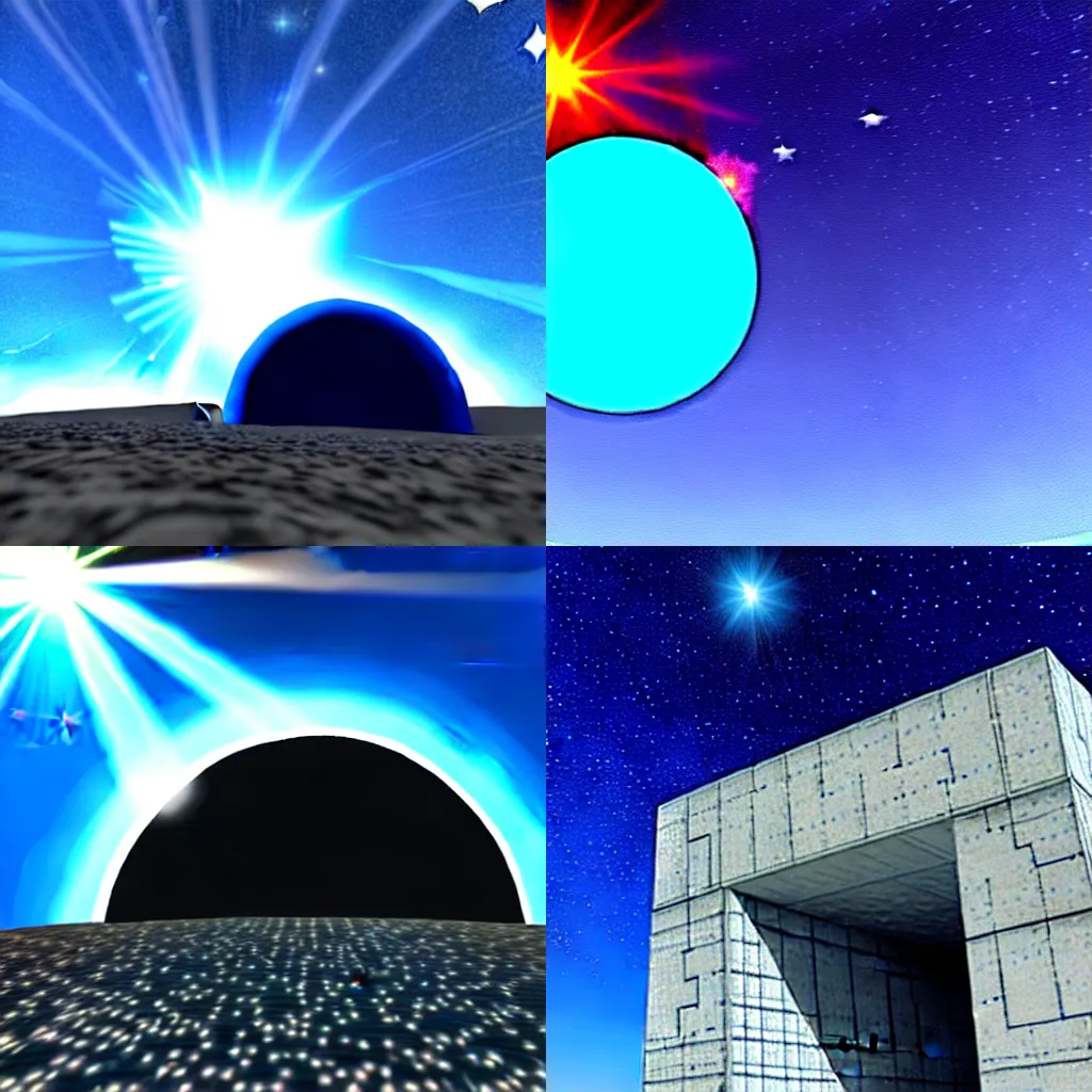 Image similar to Blue Text that says \'3kliksphilp\', with a picture of a concrete building in a martin crater, with a star in the sky with creating lens flare, CGI