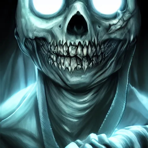 Image similar to photorealistic dark fantasy concept art of different versions of sans with his eye glowing, dynamic lighting, stunning visuals, ray tracing, beautiful scenery, cinematic, full body portrait, ultra detailed, hyper detail, stunning detail