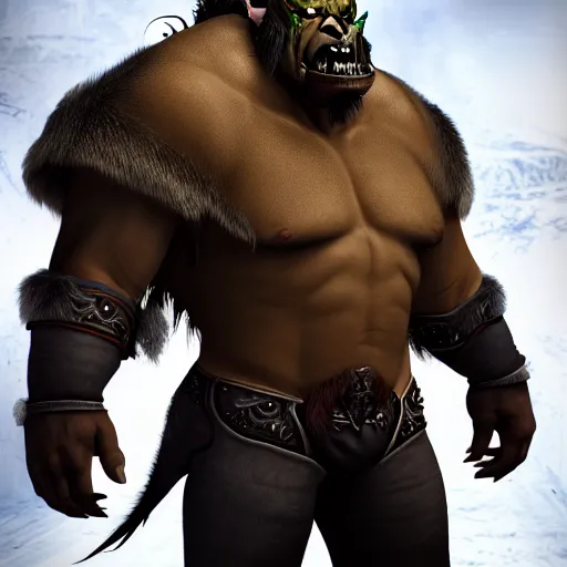 Image similar to A full body shot of a handsome orc looking into the camera wearing a leather fur jacket and boots, full body shot, artstation, realistic, highly detailed, symmetrical, hyper realism, warcraft, dynamic pose, high detail, octane render, unreal engine, 8k, fantasy art, highly detailed, concept art