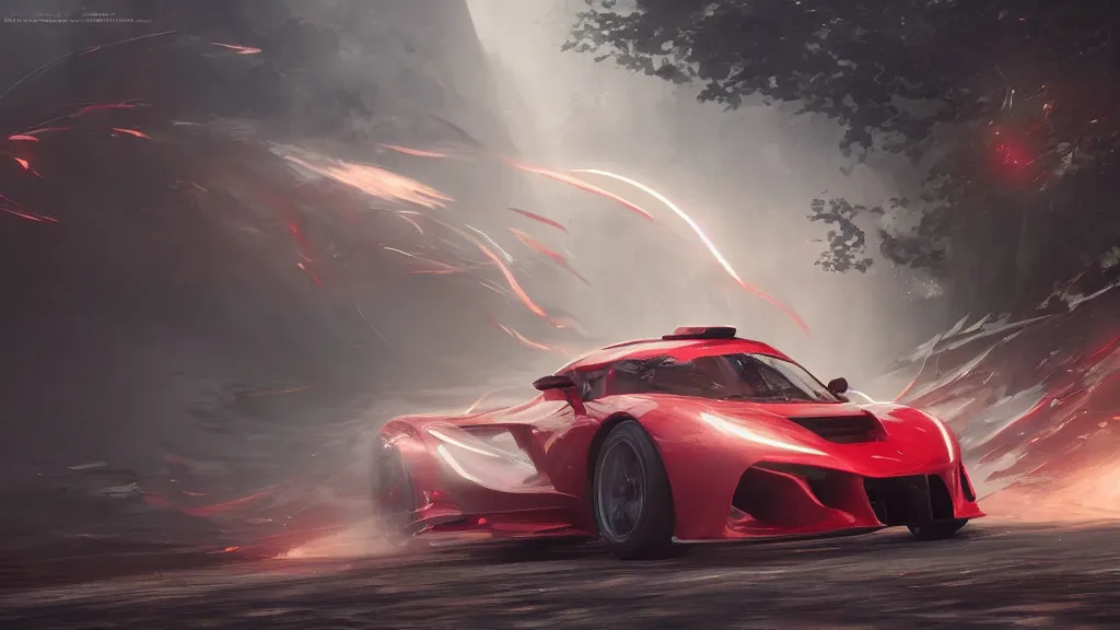 Image similar to Racing car red trail behind it, cinematic shot, epic, volumetric lighting, made by Stanley Artgerm Lau, WLOP, Rossdraws, ArtStation, CGSociety, concept art, cgsociety, octane render, trending on artstation, artstationHD, artstationHQ, unreal engine, 4k, 8k,