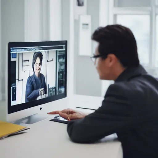 Prompt: “a psychiatrist sitting in an empty room looking at pictures of his patients on a computer”