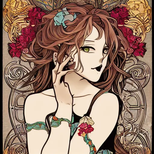 Image similar to anime manga skull portrait young woman hair floral by James Jean fairytale comic skeleton illustration style by Alphonse Mucha pop art nouveau