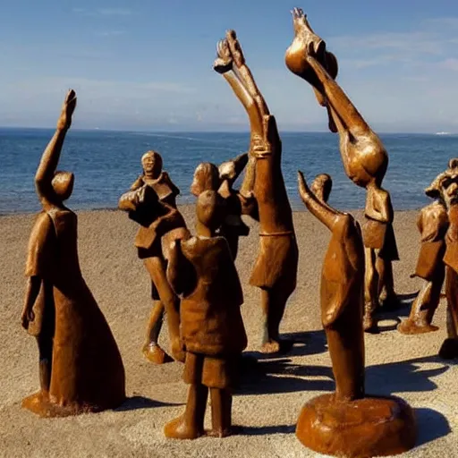 Prompt: This sculpture depicts a scene from the Spanish Civil War, which was a time of great turmoil and strife in Spain. The sculpture shows a group of people on a beach, with the ocean in the background. The people in the sculpture are all different sizes and shapes, and they are all looking in different directions. The sculpture is full of color and movement, and it is very expressive. The sculpture is also very powerful and emotional, and it has a very strong impact on the viewer. illuminated codex gilded by Victor Adame Minguez, by Robert Vonnoh elaborate, offhand