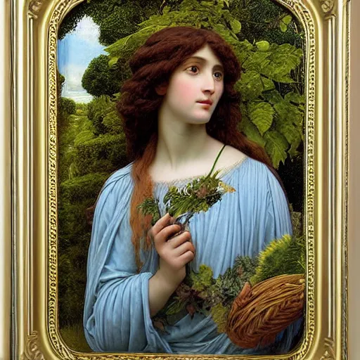 Prompt: Portrait of a Beautiful Pre-Raphaelite goddess of nature in the style of John William Godward,