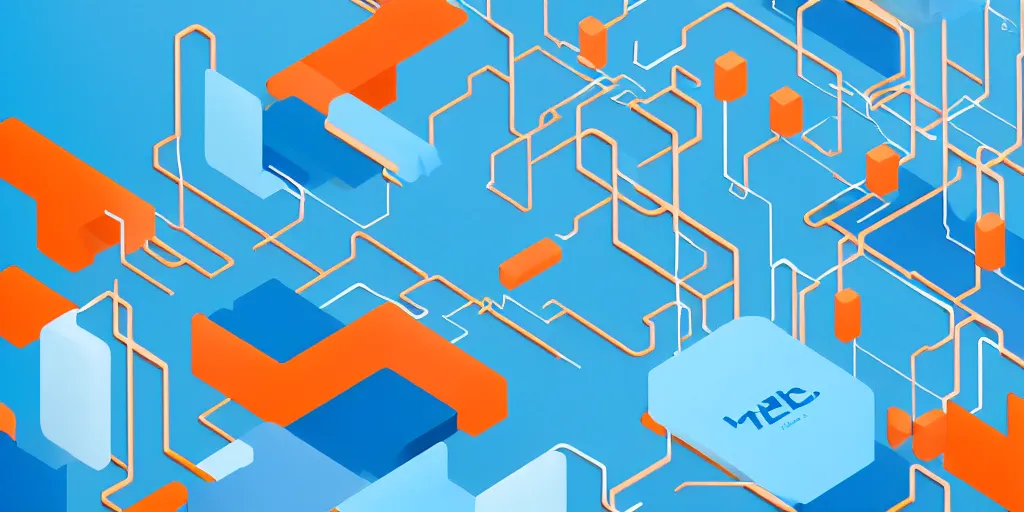 Prompt: Servers and computers, cloud servers, cords, cables, isometric view from above. Minimalistic design, contemporary design, infographics. Logo, Abstract Design. Blue, cyan and orange palette. Vivid, 8K, Epic, Masterpiece