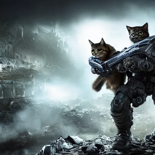 Image similar to lil bub the cat in gears of war, splash art, movie still, cinematic lighting, dramatic, octane render, long lens, shallow depth of field, bokeh, anamorphic lens flare, 8 k, hyper detailed, 3 5 mm film grain