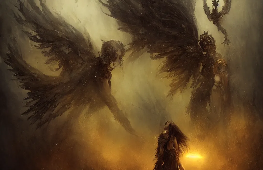 Prompt: dark angel in the style of bastien lecouffe deharme in phantastic landscape, hyperreal phantastic, intricate details in environment, meeting point, luminance, golden ratio, high aestehtic, cinematic light, dramatic light, godrays, distance, clear atmosphere, photobash, wideangle, bierstadt, hyperreal 4 k