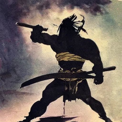 Image similar to a dark samurai painted by Frank Frazetta