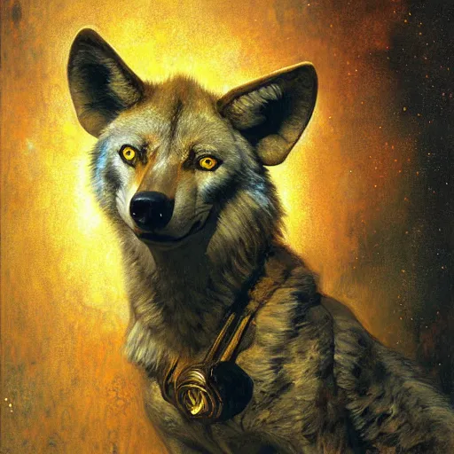 Image similar to a portrait of a wolf hyenaman canine star trek chief engineer. highly detailed painting by gaston bussiere craig mullins jc leyendecker gustav klimt artgerm greg rutkowski furry